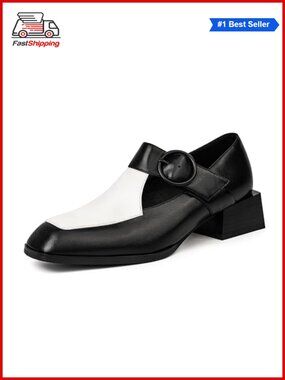 Faux Leather Mary Jane Block Heel Square Toe Buckle Ankle Strap Loafer Pumps